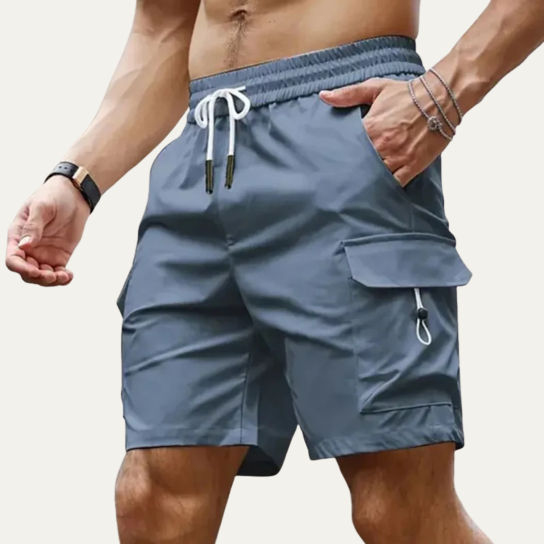Blue gray men cargo shorts with pockets, drawstring waist, and utility flap pocket design