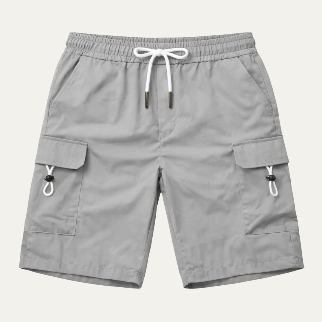 Light gray men summer cargo shorts with pockets, drawstring waist, and flap side pockets