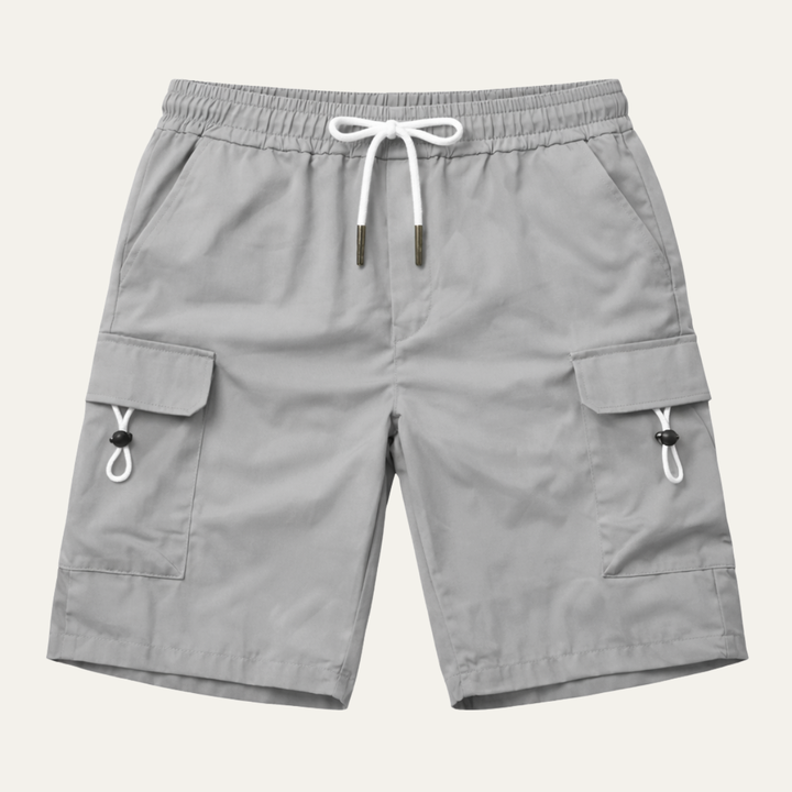 Light gray men summer cargo shorts with pockets, drawstring waist, and flap side pockets