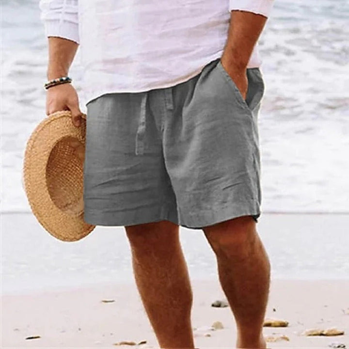 Gray knee length summer shorts with relaxed fit, drawstring waist, and side pockets