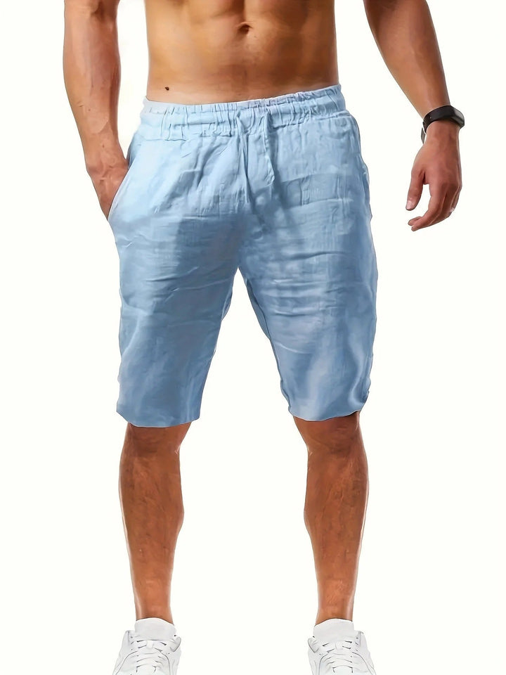 Light blue knee length shorts for men with drawstring waist and casual summer fit