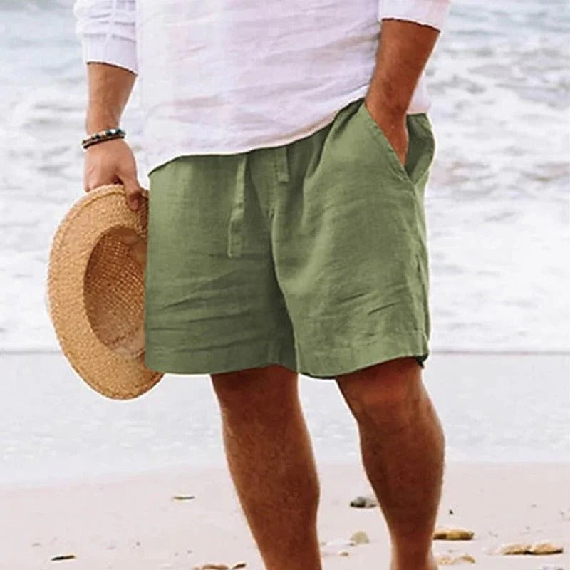 Olive green knee length casual shorts with elastic waist and side pockets for summer wear