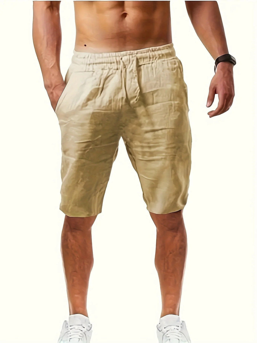 Beige knee length shorts for men with elastic waist, loose fit and lightweight summer style
