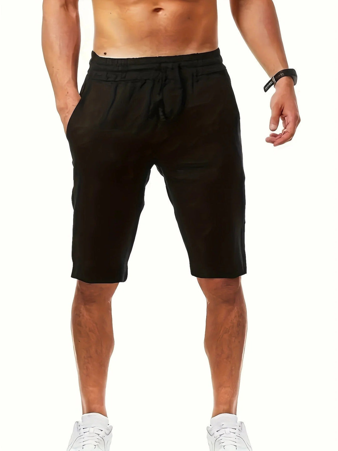 Black knee length shorts for men with elastic waist and side pockets, casual summer shorts
