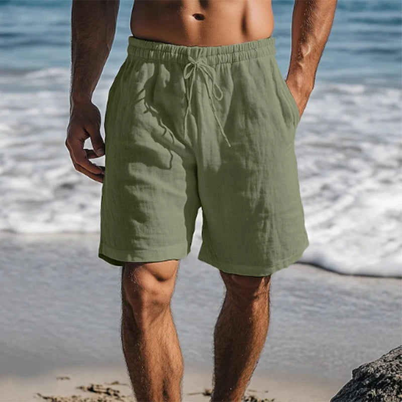 Olive green men summer beach shorts with elastic waistband and drawstring
