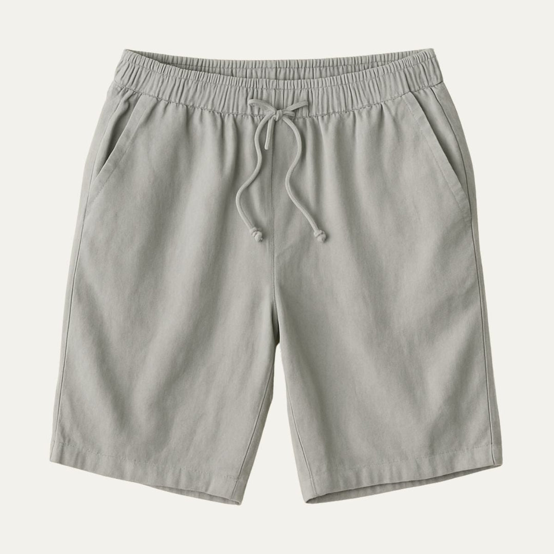 Light gray men beach shorts with elastic waistband, drawstring, and pockets