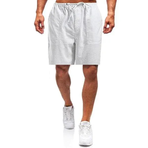 White men's summer drawstring shorts with elastic waist and relaxed fit casual style