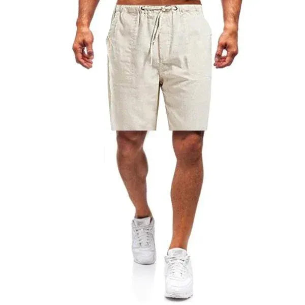 Beige men's summer drawstring shorts with elastic waist, lightweight casual shorts