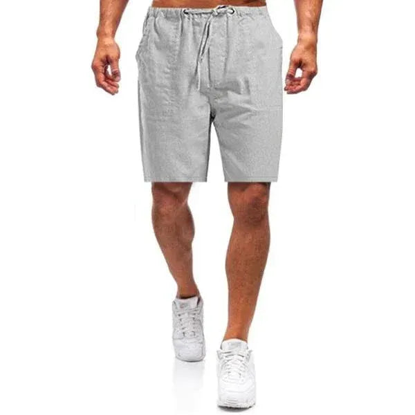 Light gray men's summer drawstring shorts with elastic waist and straight casual fit