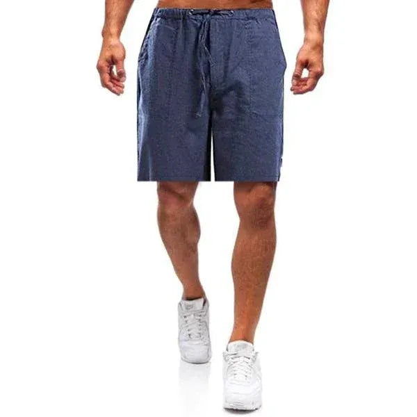 Navy blue men's summer drawstring shorts with elastic waist and side pockets