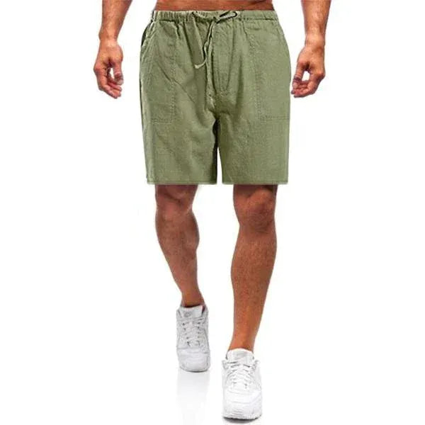 Olive green men's summer drawstring shorts with elastic waist, casual knee-length shorts