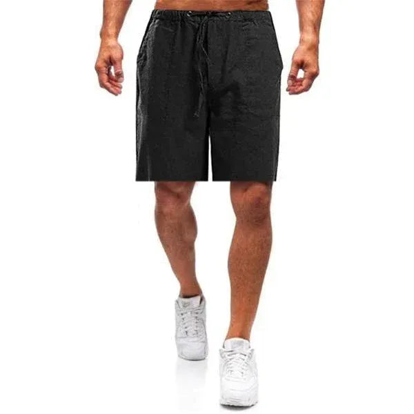Black men's summer drawstring shorts with elastic waist, knee-length casual shorts