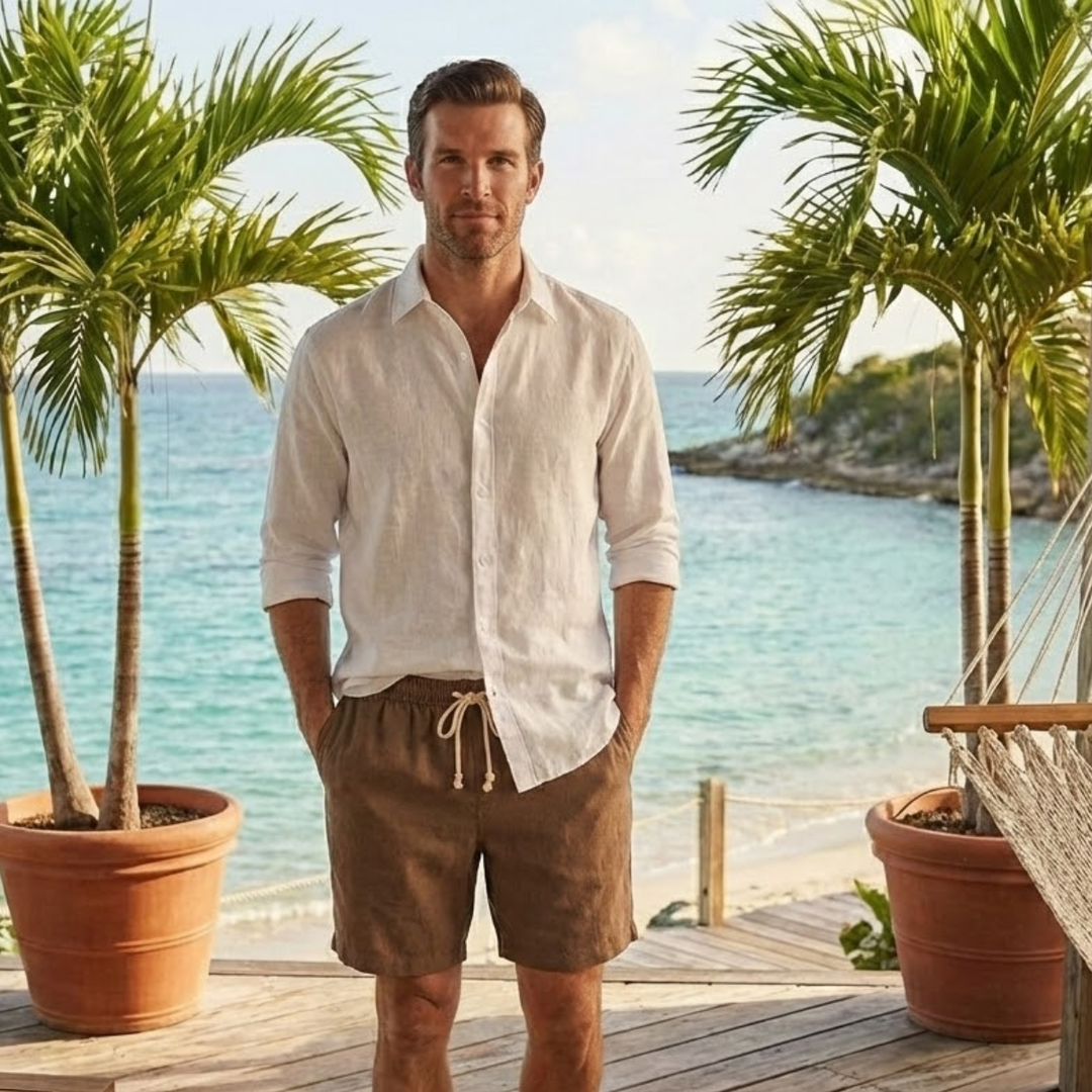 Brown drawstring linen shorts for men worn with a white shirt by the beach