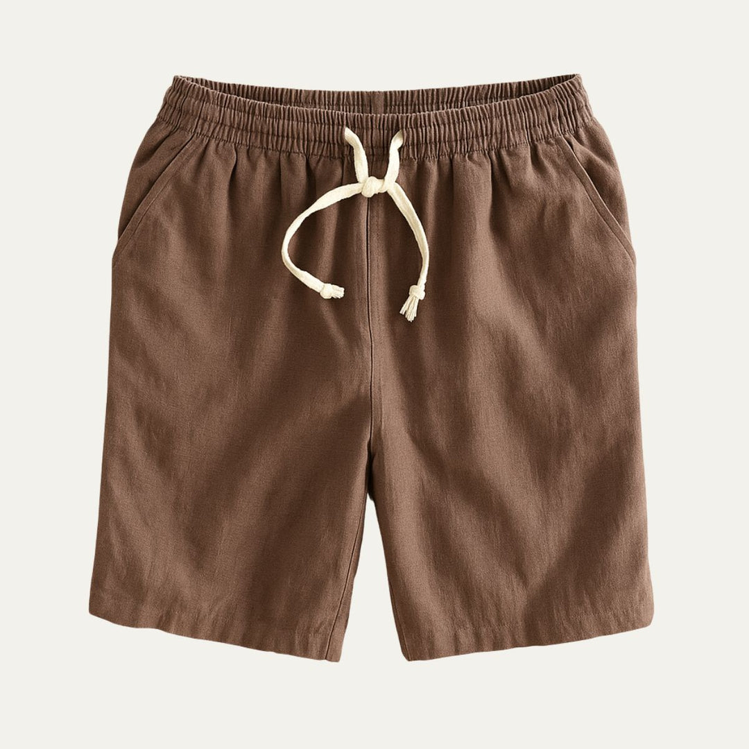 Brown men's drawstring linen shorts with elastic waistband and relaxed fit