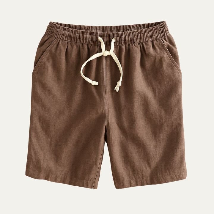 Brown men's drawstring linen shorts with elastic waistband and relaxed fit