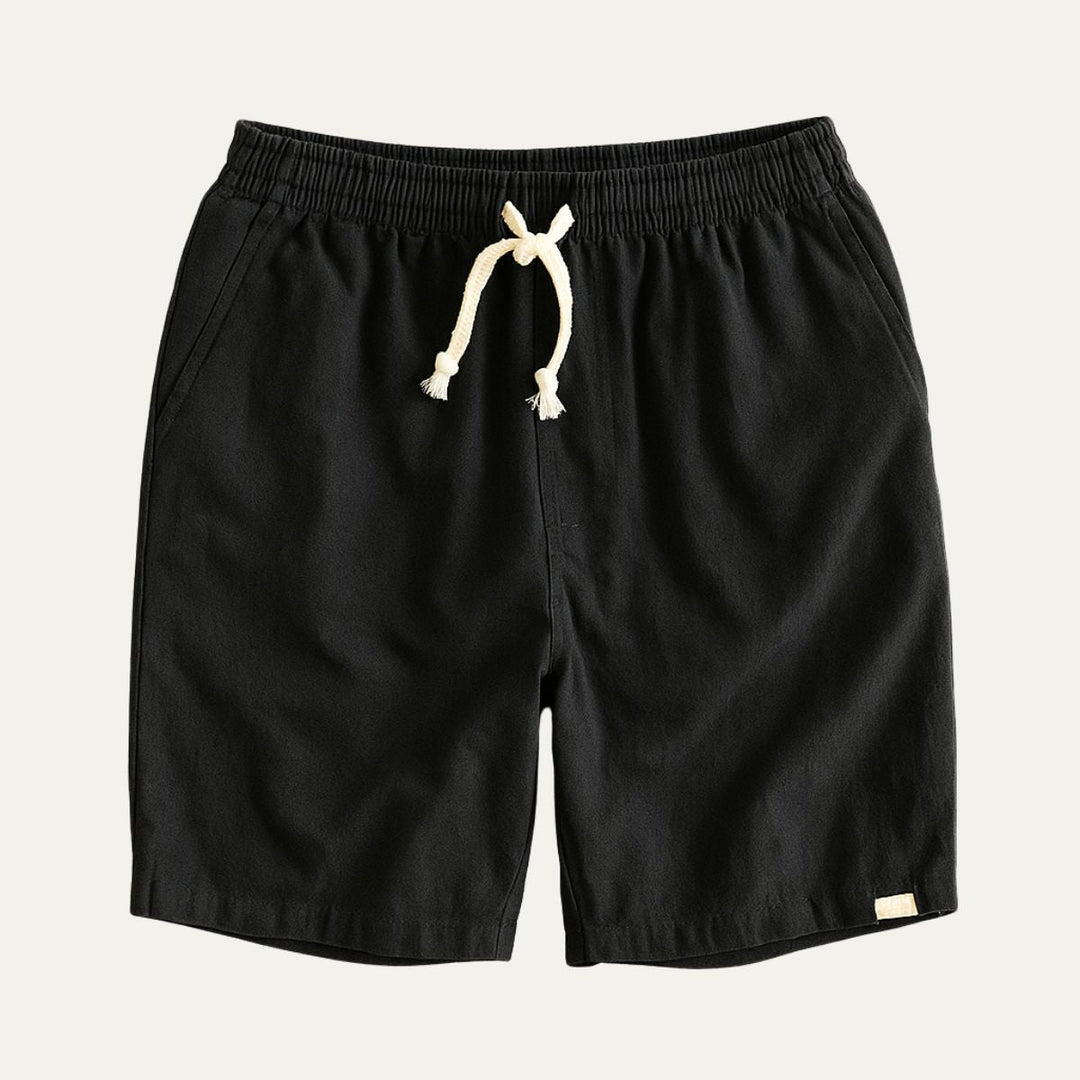 Black men's summer linen shorts with cream drawstring and side pockets