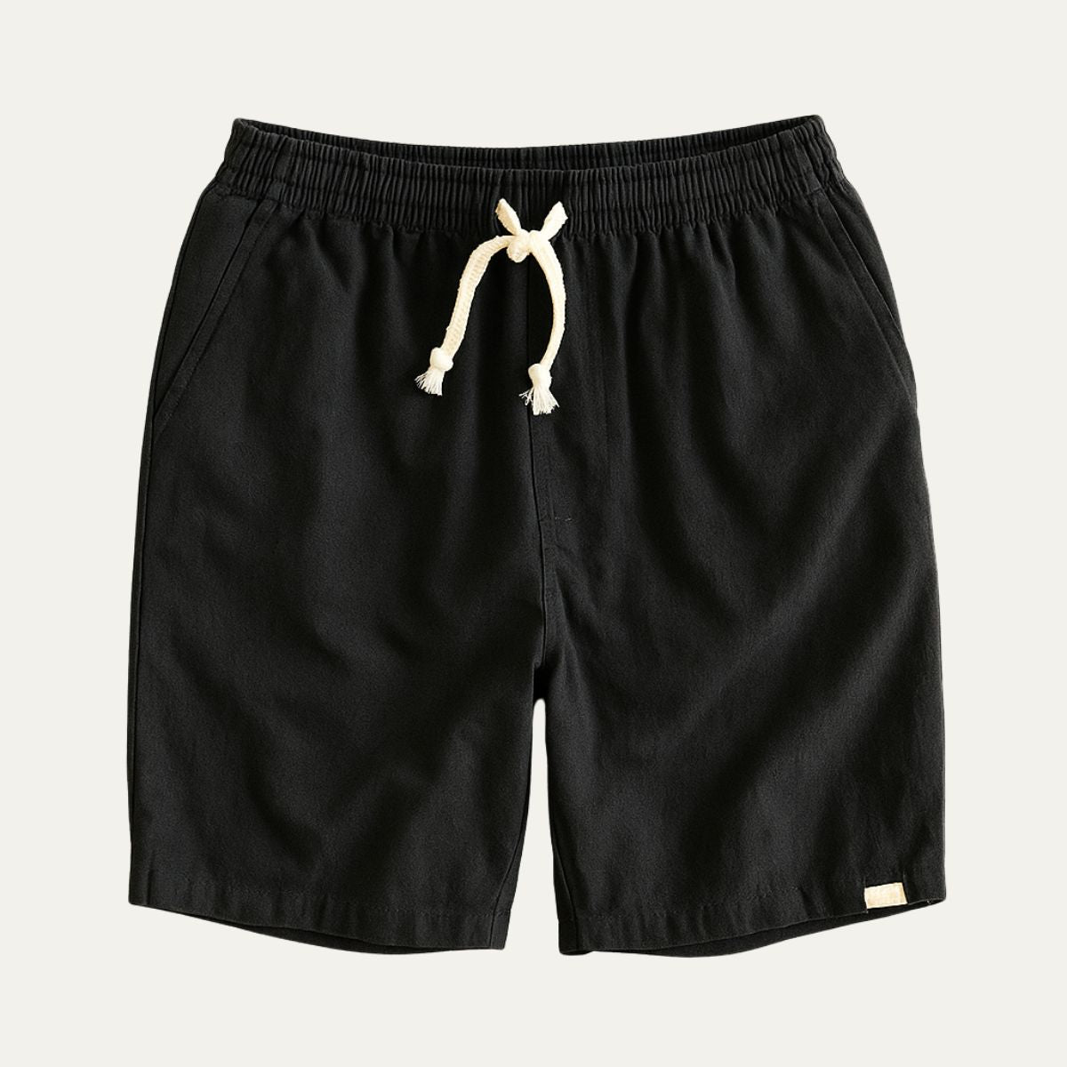 Black men's summer linen shorts with cream drawstring and side pockets