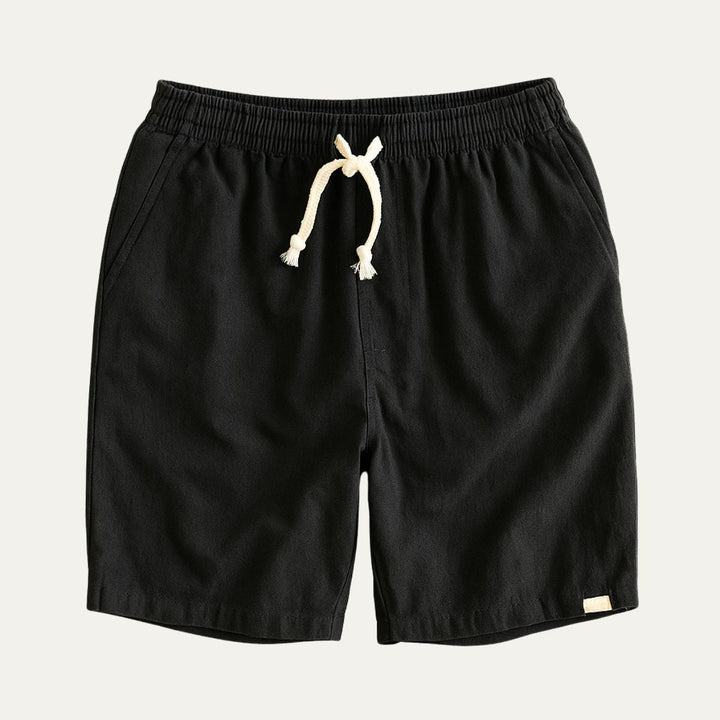 Black men's summer linen shorts with cream drawstring and side pockets