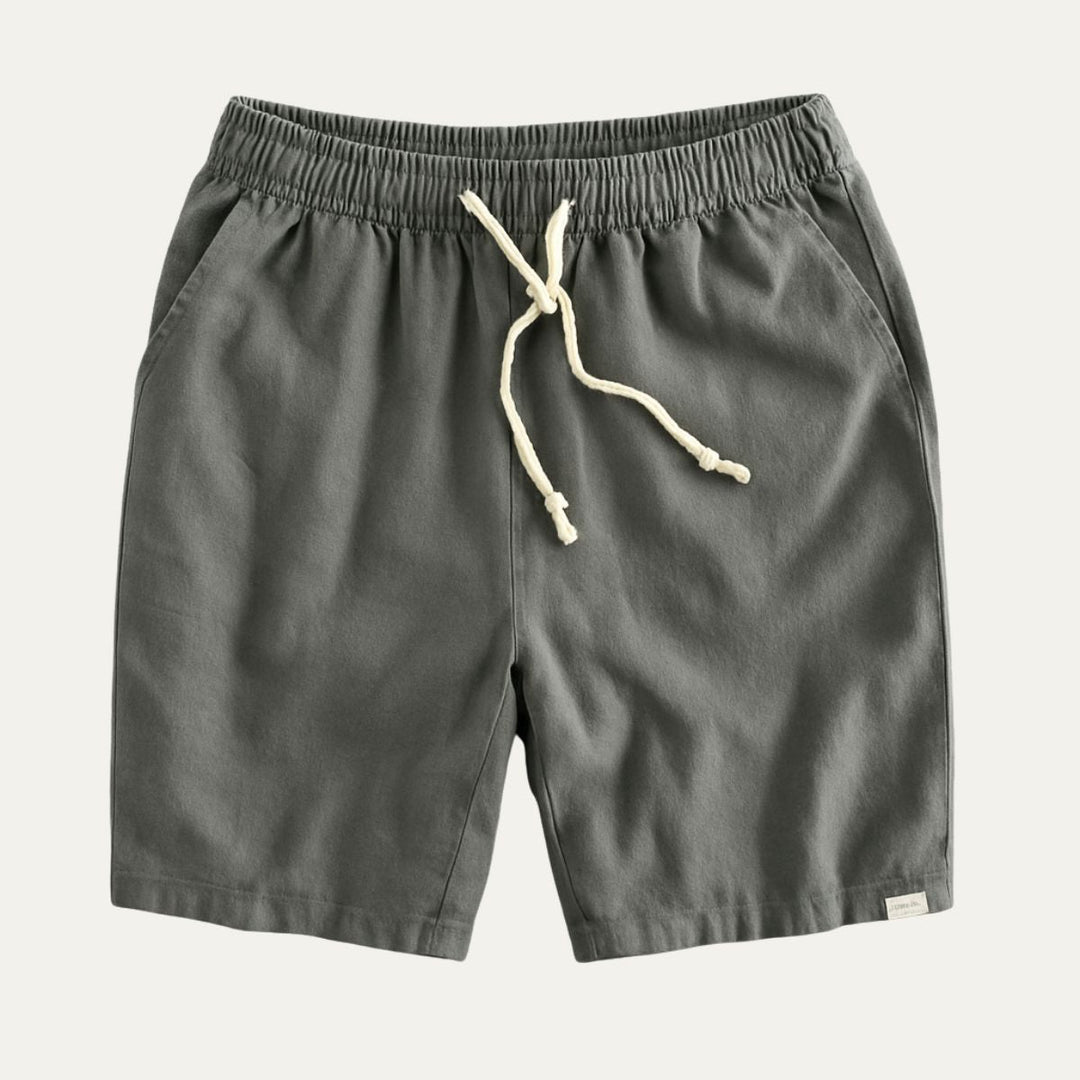 Dark gray men's summer drawstring linen shorts with elastic waist and small logo tag