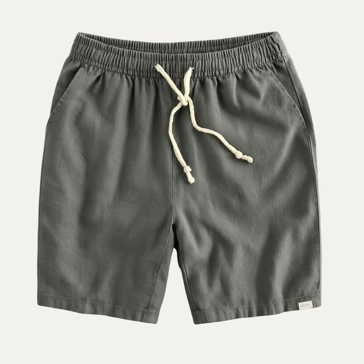 Dark gray men's summer drawstring linen shorts with elastic waist and small logo tag