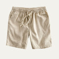 Beige men's summer drawstring linen shorts with elastic waist and side pockets