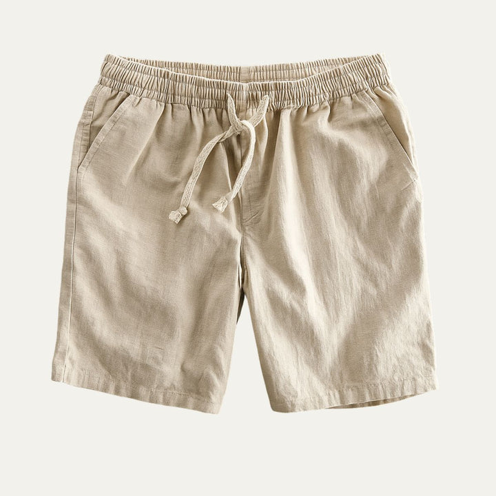 Beige men's summer drawstring linen shorts with elastic waist and side pockets