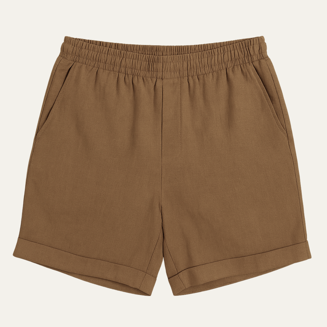 Brown men summer linen shorts with elastic waistband, relaxed fit and cuffed hems