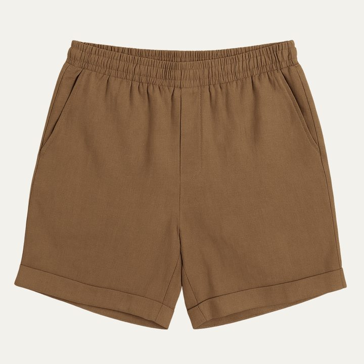 Brown men summer linen shorts with elastic waistband, relaxed fit and cuffed hems