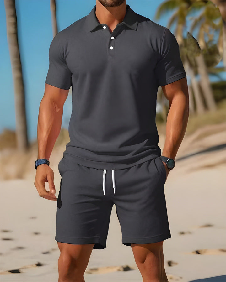 Charcoal black polo shirt with drawstring shorts, men's casual summer set on beach