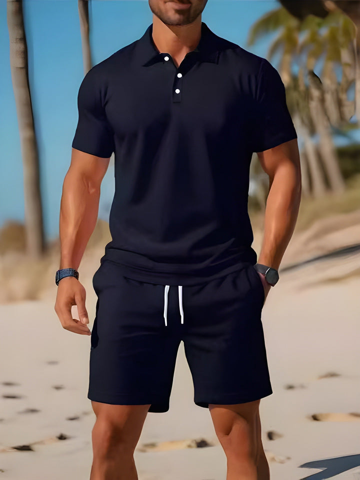 Olive green polo shirt and shorts set with white drawstrings, men's summer loungewear