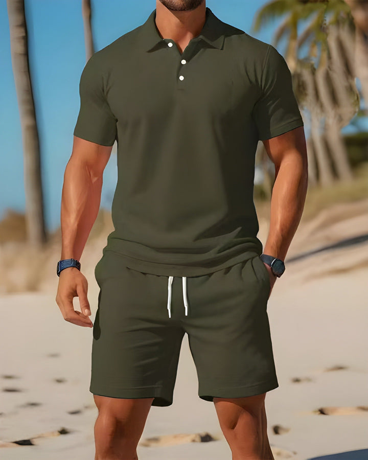 Blue textured polo shirt and matching shorts set, casual men's summer outfit