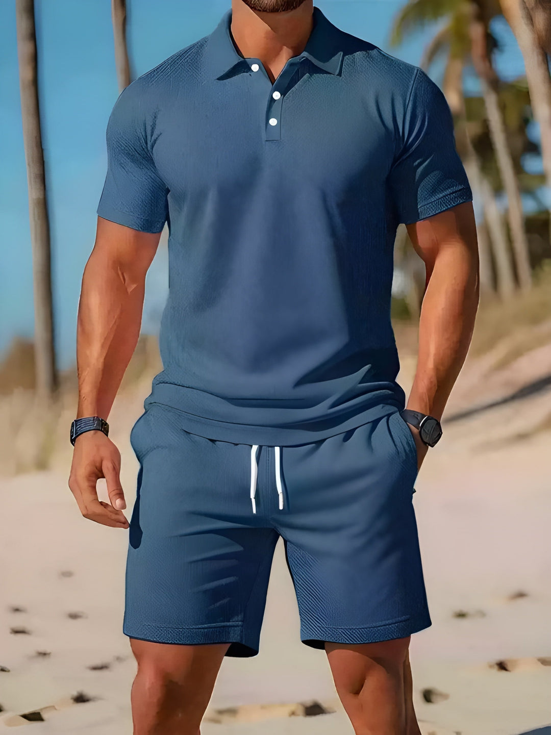 White polo shirt and shorts set with drawstring waist, men's beach-ready summer set