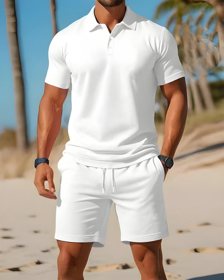 Light blue polo shirt and shorts set in a close-up view, men's casual summer clothes