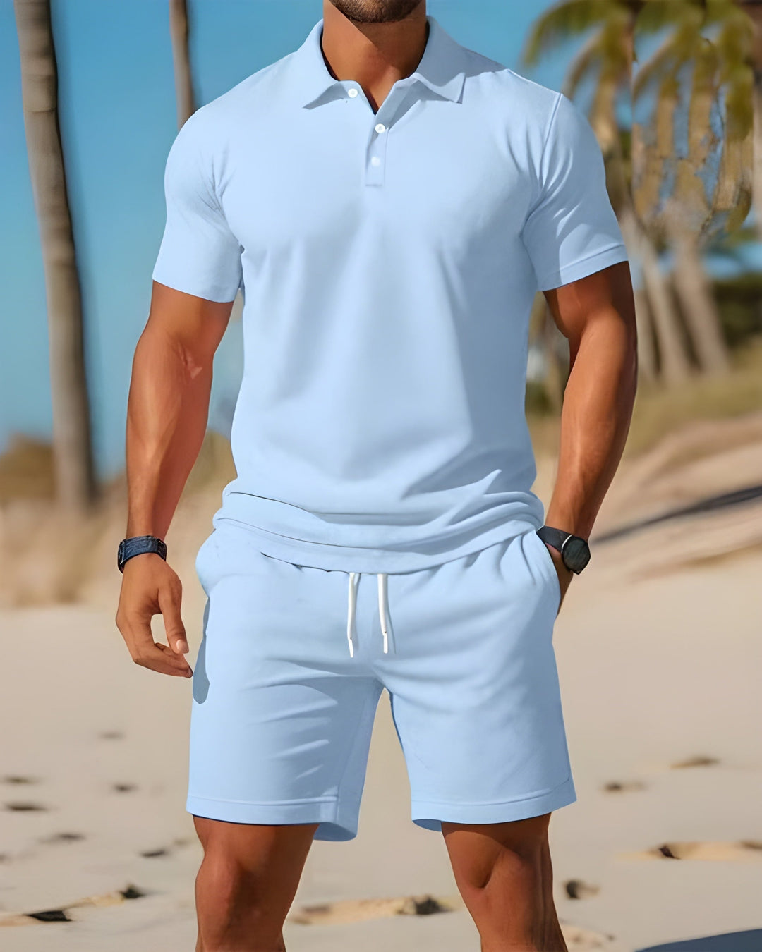 Light blue polo shirt and drawstring shorts set worn on beach, casual summer menswear