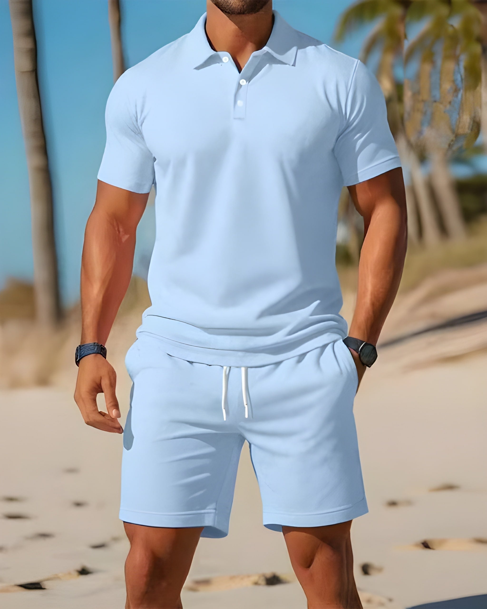 Light blue polo shirt and drawstring shorts set worn on beach, casual summer menswear