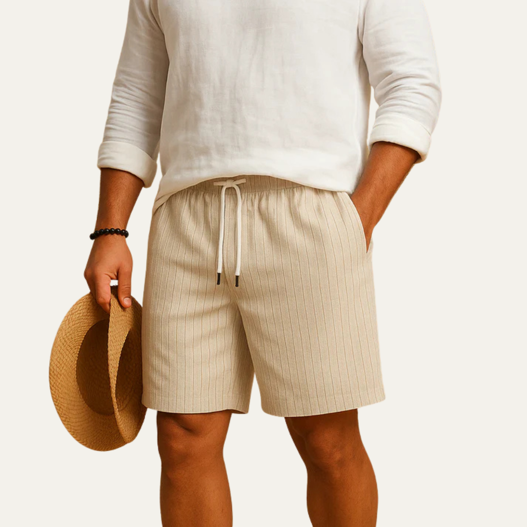 Beige striped drawstring shorts with elastic waistband and side pockets, men's shorts