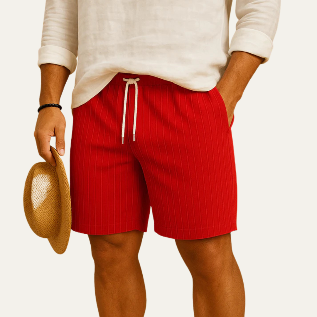 Red striped drawstring shorts with relaxed fit, men's summer shorts with elastic waist
