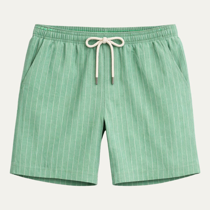 Mint green striped drawstring shorts with elastic waist, front view, summer shorts