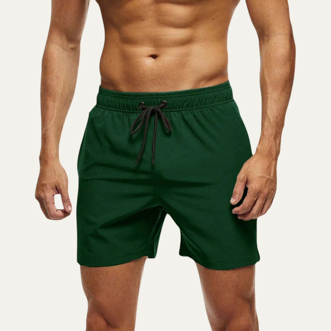 Dark green men summer swim shorts with drawstring waist and relaxed fit