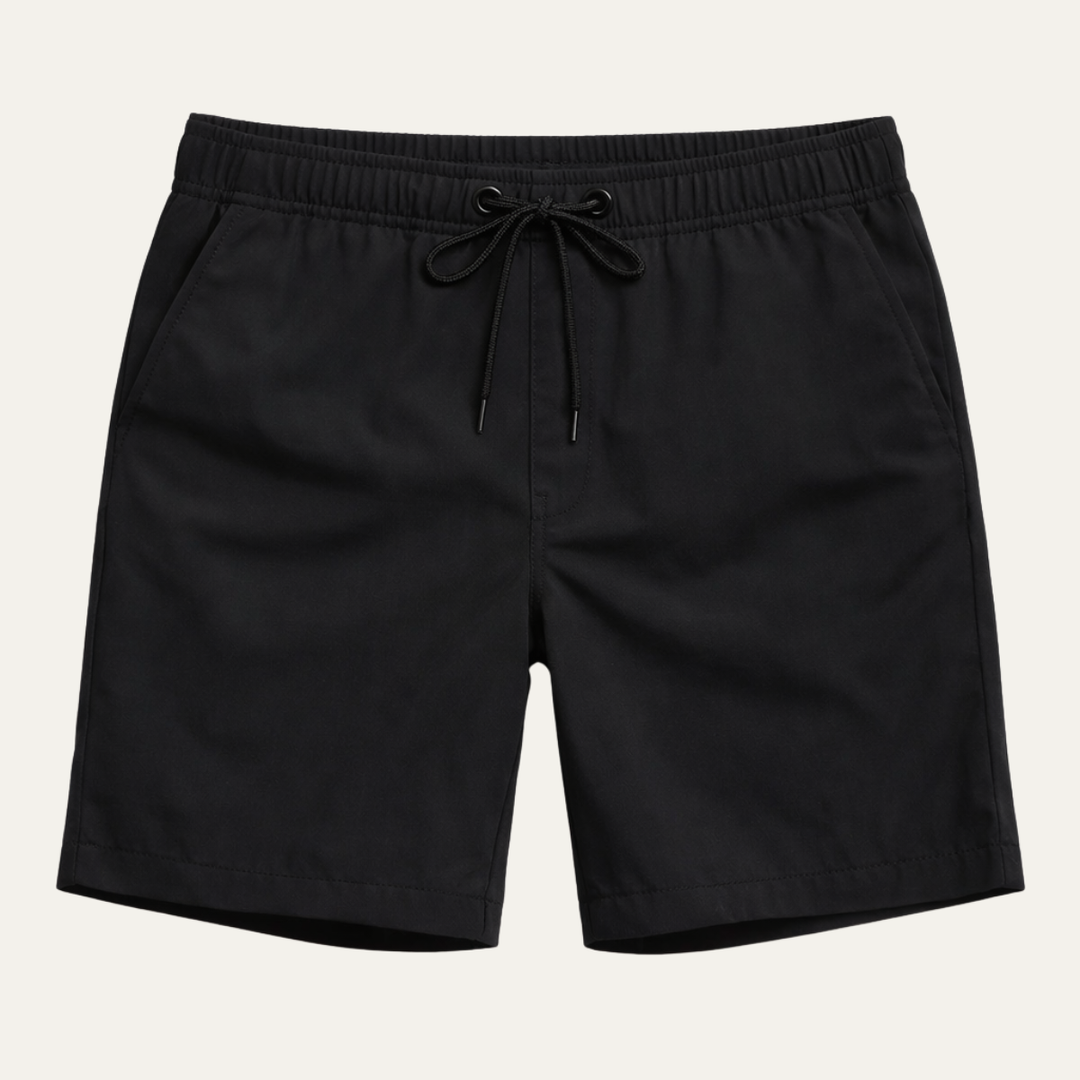Black men summer swim shorts with elastic waistband and drawstring, front view