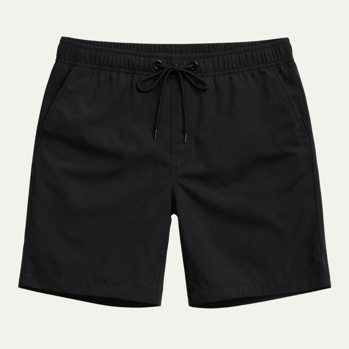 Black men summer swim shorts with elastic waistband and drawstring, front view