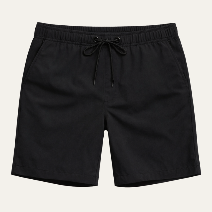 Black men summer swim shorts with elastic waistband and drawstring, front view