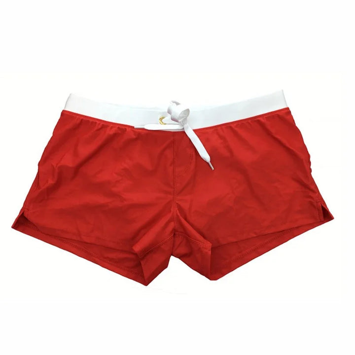 Red men swim shorts with white waistband and front view of drawstring style