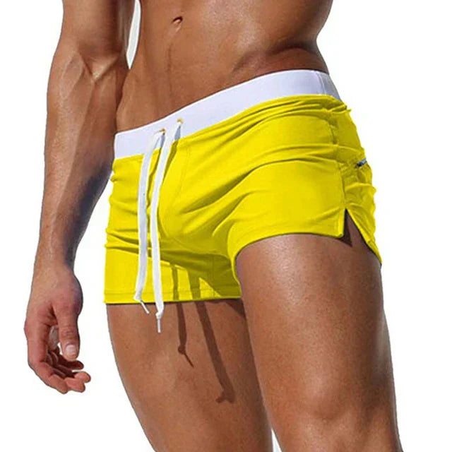 Bright yellow men swim shorts with white waistband and adjustable drawstring