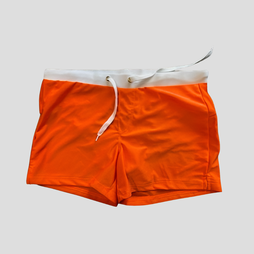 Black men swim shorts with white waistband, drawstring, and side slit detail