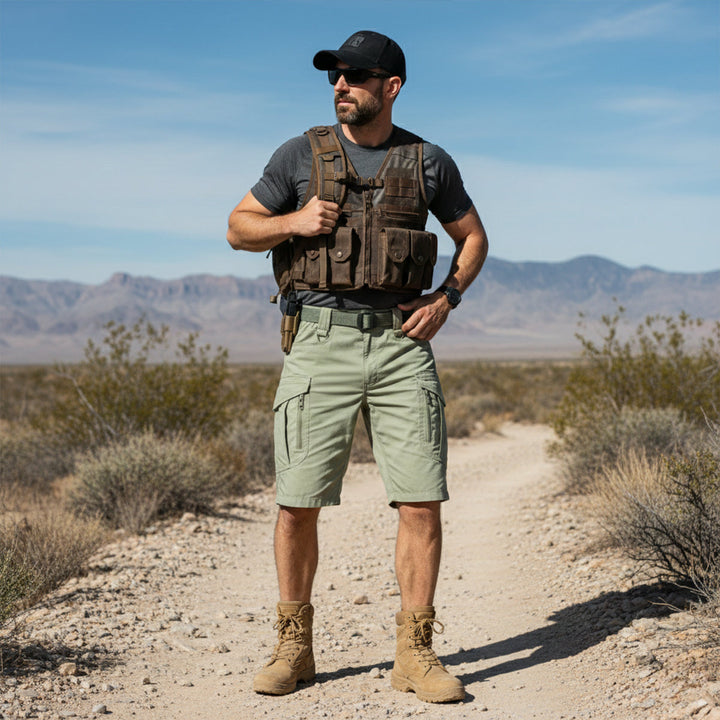 Light green tactical cargo shorts with pockets worn with boots on a desert trail