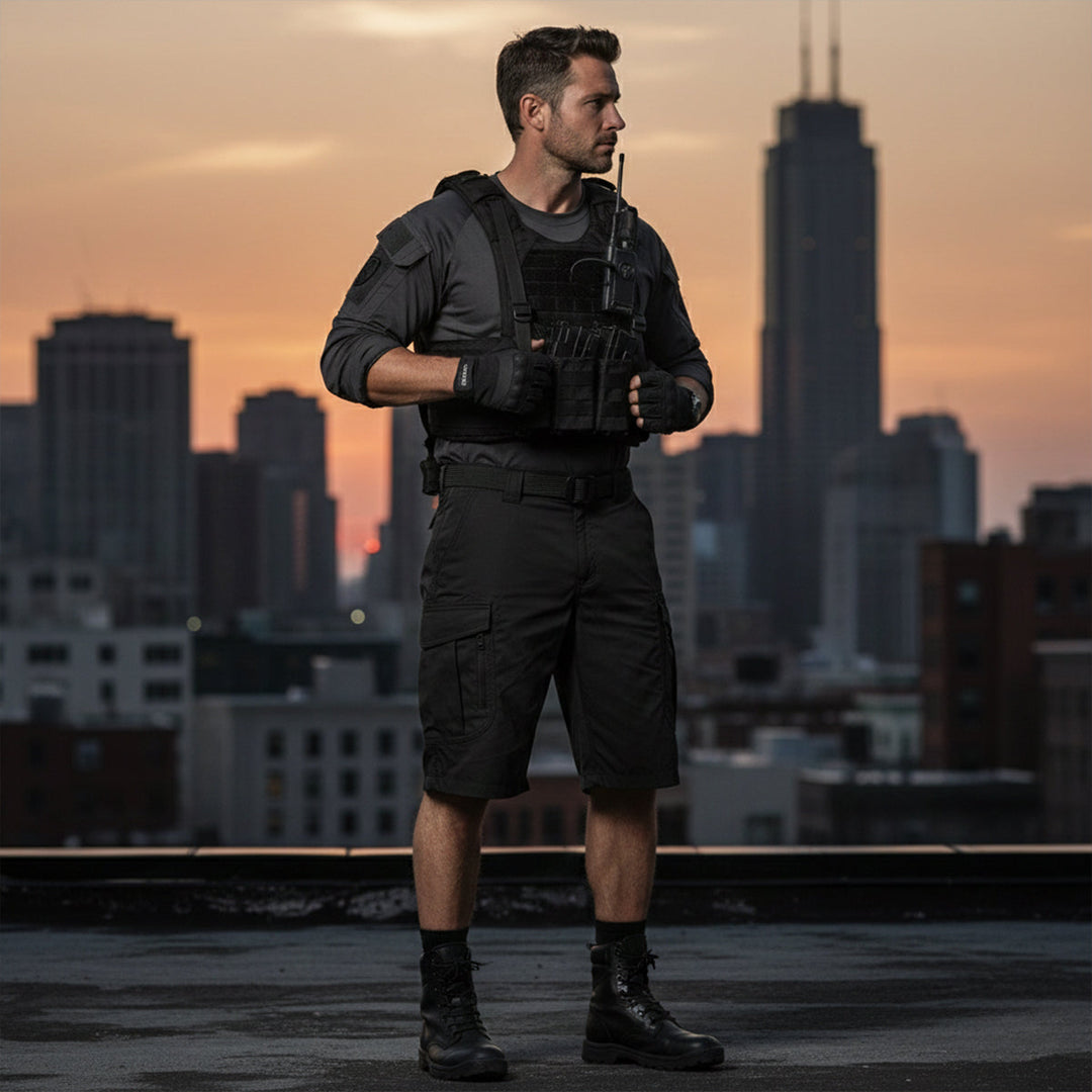 Black tactical cargo shorts with side pockets a man in urban evening setting