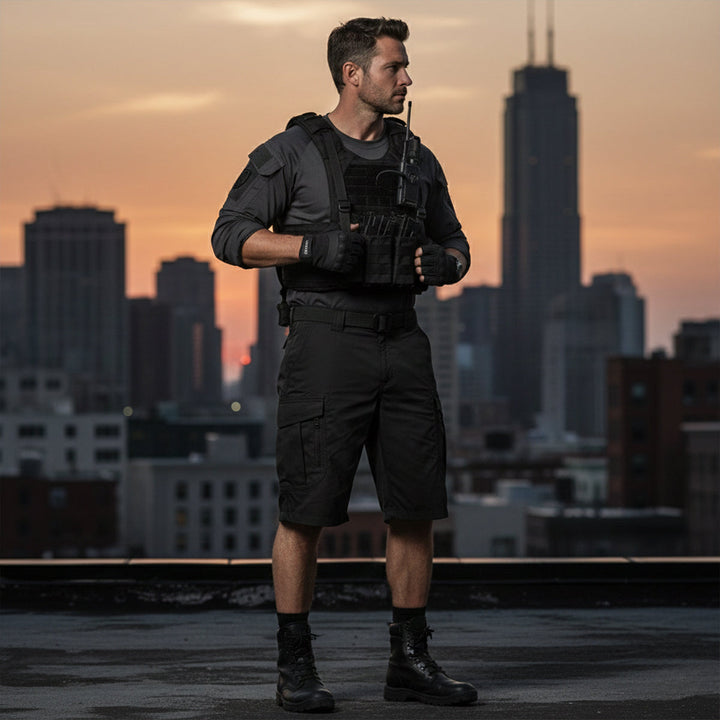 Black tactical cargo shorts with side pockets a man in urban evening setting