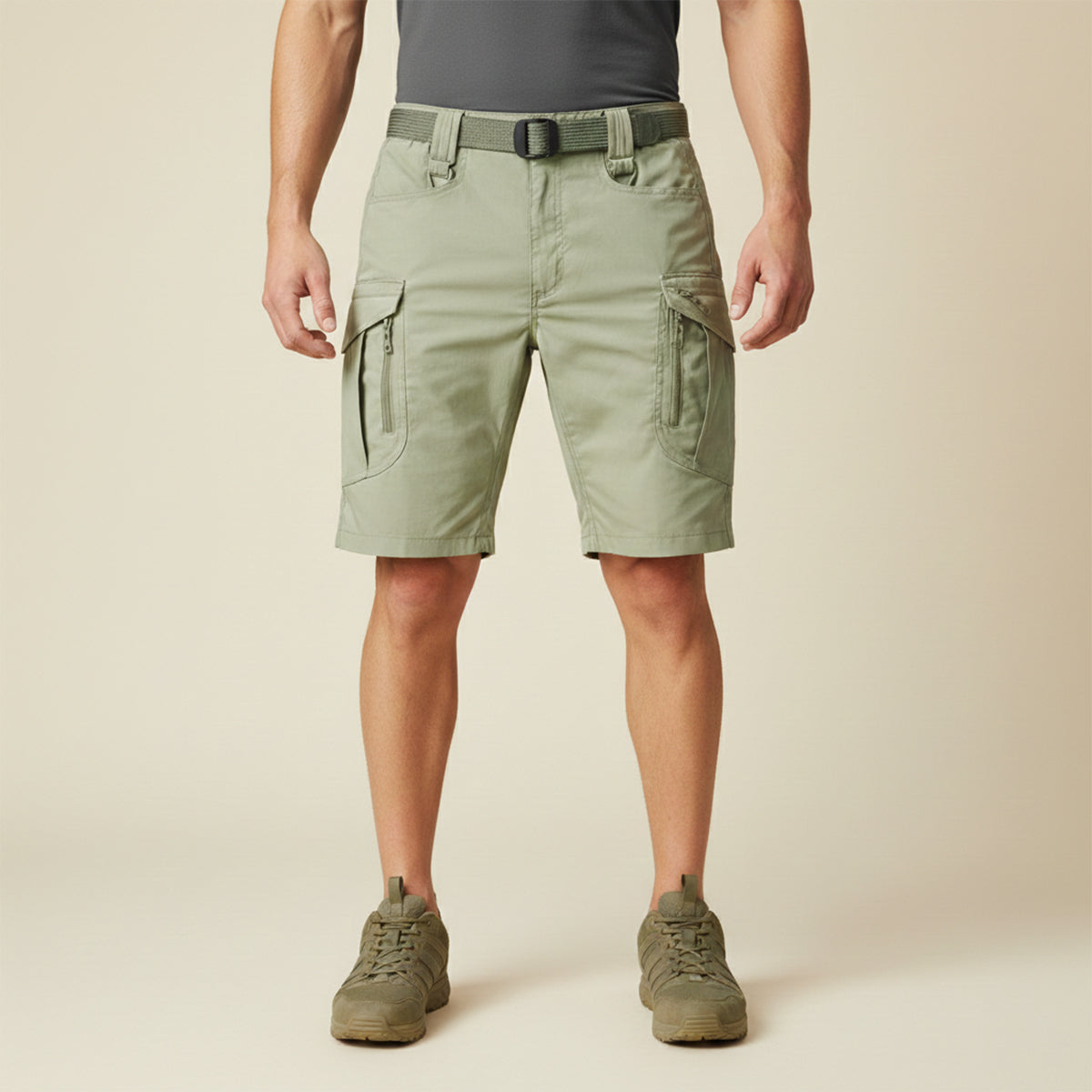Model wearing light khaki tactical cargo shorts with pockets and olive belt