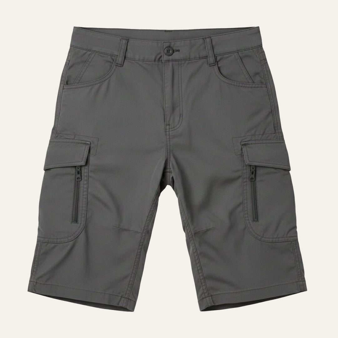 Dark gray tactical cargo shorts with belt, zip pockets, and flap cargo pockets